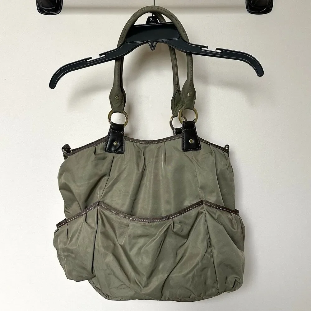 STORKSAK Baby Diaper Bag Tan Multiple Pockets Zip Up Adj Strap Gender Neutral